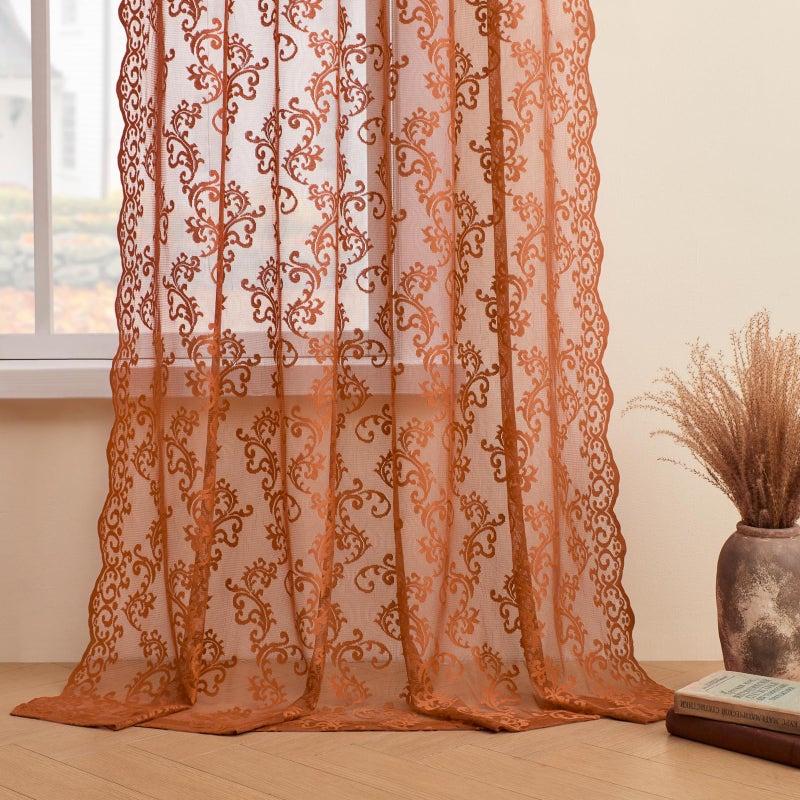 FOLKSIDE Brunt Orange Lace Curtains 45 Inch Length Rust Lace Curtains Short for Kitchen Cafe Rod Pocket Light Filtering Vintage Floral Paisley Lace Curtains for Small Window Closet Laundry  52x45  Terracotta - Image 5